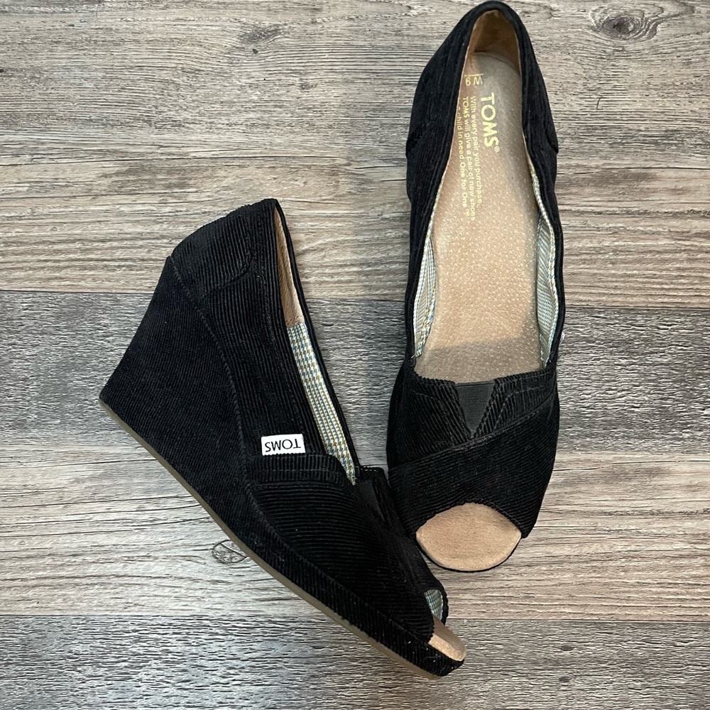 TOMS corduroy open toe wedge